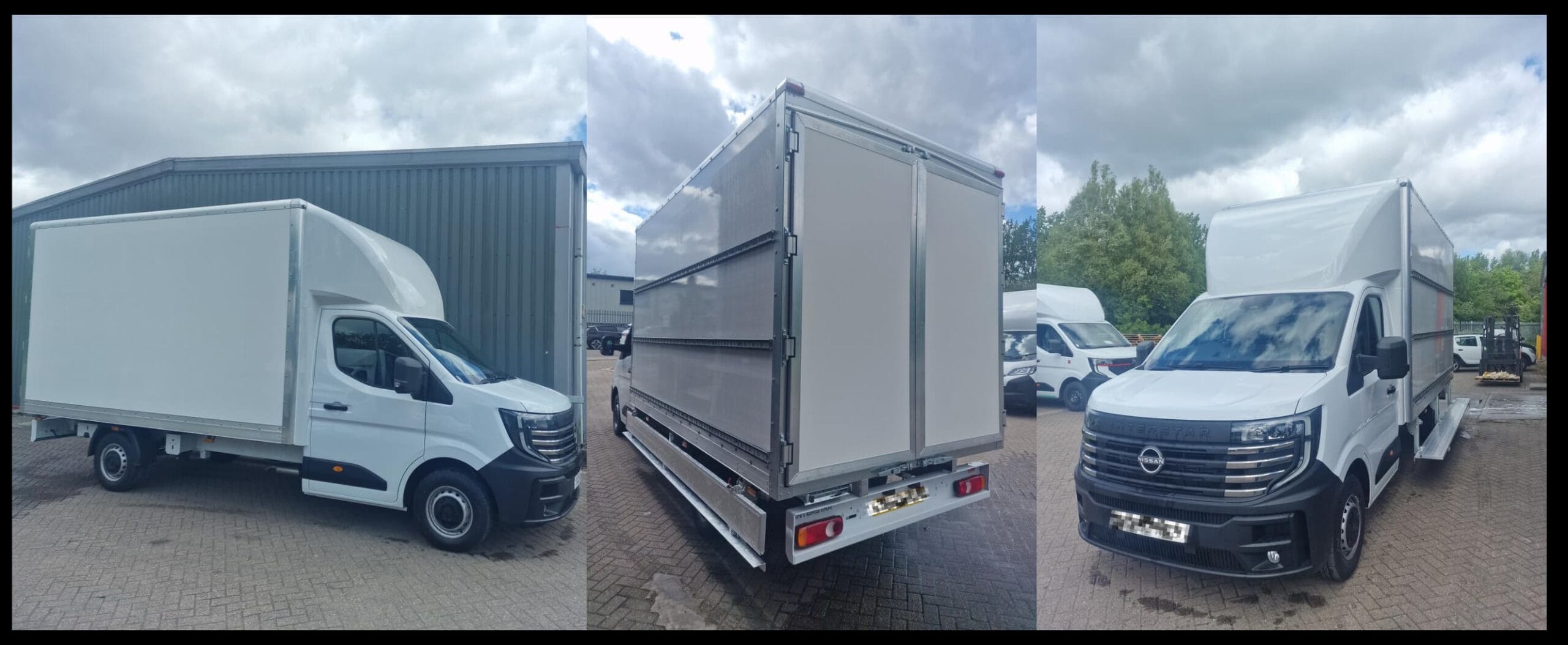 Exterior views of a white Nissan Interstar Luton box van conversion showing the large box body, side access rails and rear loading access.