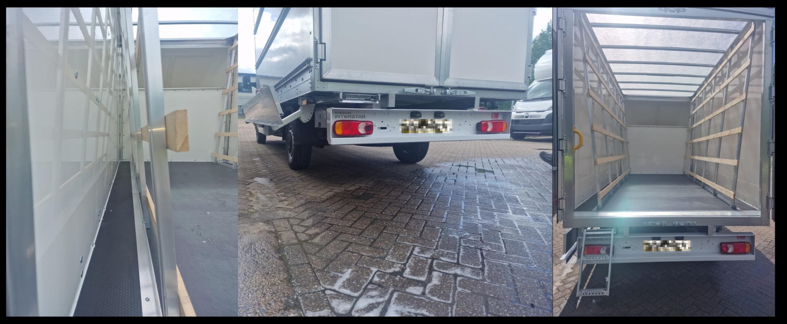 Interior and rear view of a Nissan Interstar Luton box van conversion featuring a spacious load area, side restraint rails and rear access step for secure goods transportation.
