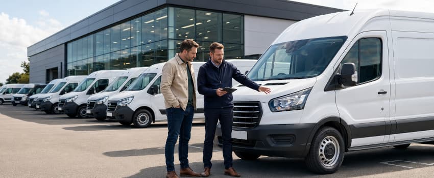 Business owner and dealership adviser inspecting a new white panel van on a modern forecourt, with a row of brand-new commercial vans parked outside the dealership showroom in the background.