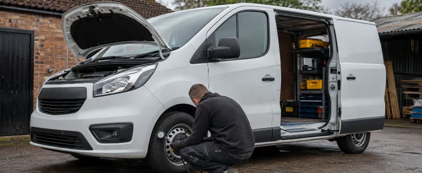 Tradesperson checking the tyre pressure of a commercial work van